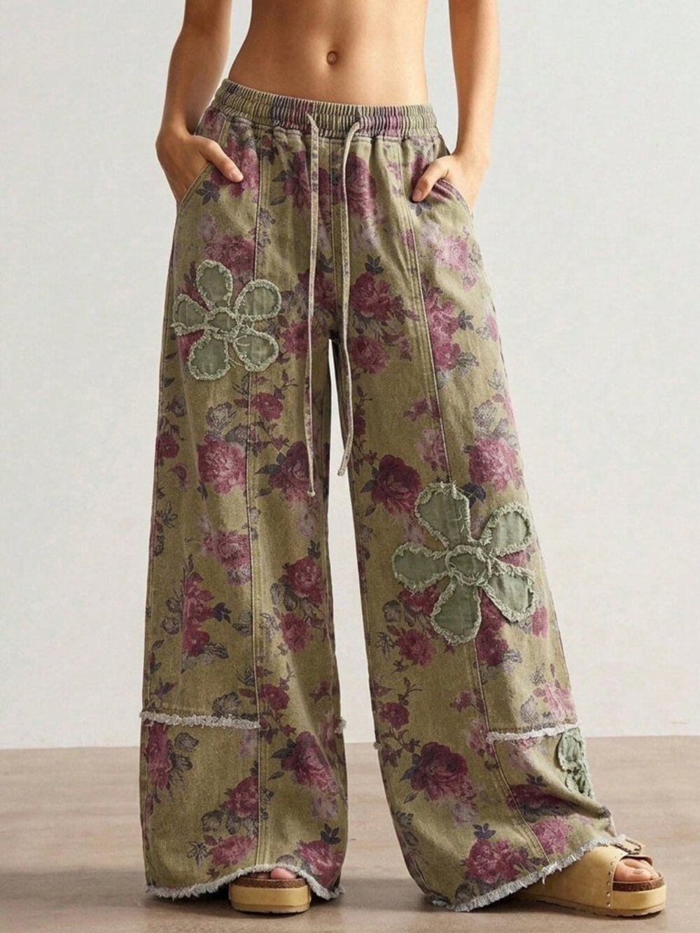 Boho Women's Casual floral with distress floral Jacquard Country wide-Leg Pants - Picture 4 of 6